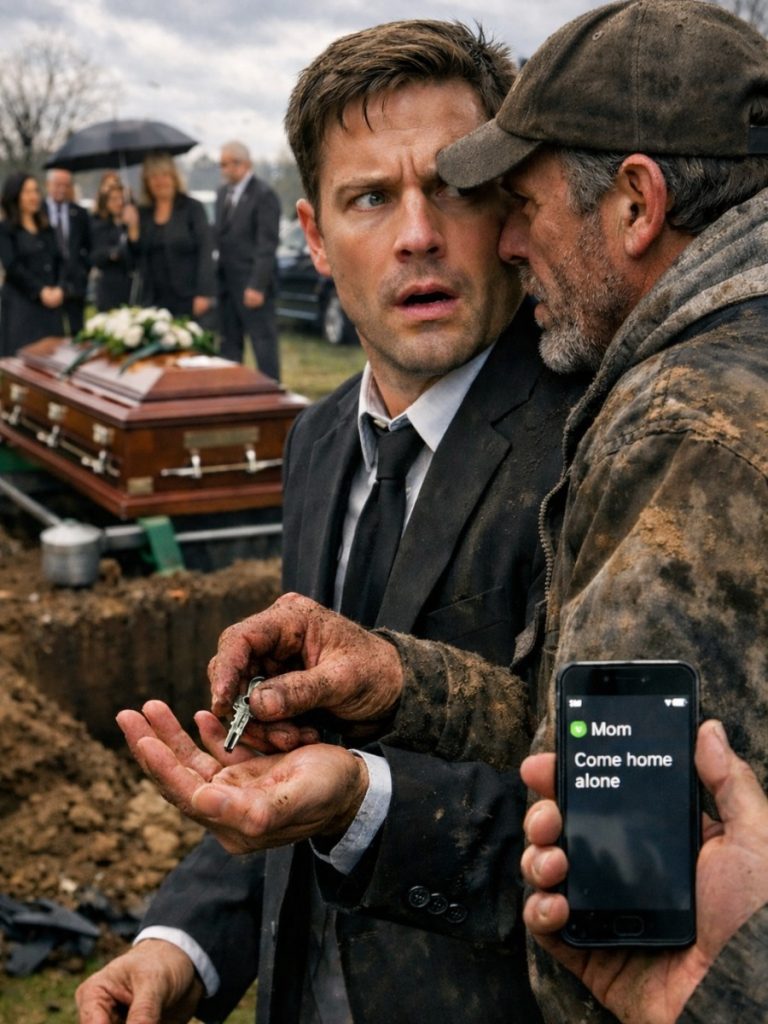 At my father’s funeral, the gravedigger pulled me aside: “Sir, your dad paid me to bury an empty coffin.” I said, “Stop joking.” He slipped me a key and hissed, “Don’t go home. Go to unit 17—NOW.” My phone buzzed. Mom texted, “Come home alone.”…
