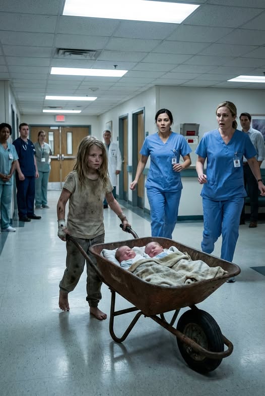 “My mommy hasn’t woken up in three days,” a seven-year-old girl said softly as she pushed a wheelbarrow for miles, trying to save her newborn twin brothers. What happened next shocked the entire hospital and left everyone speechless.
