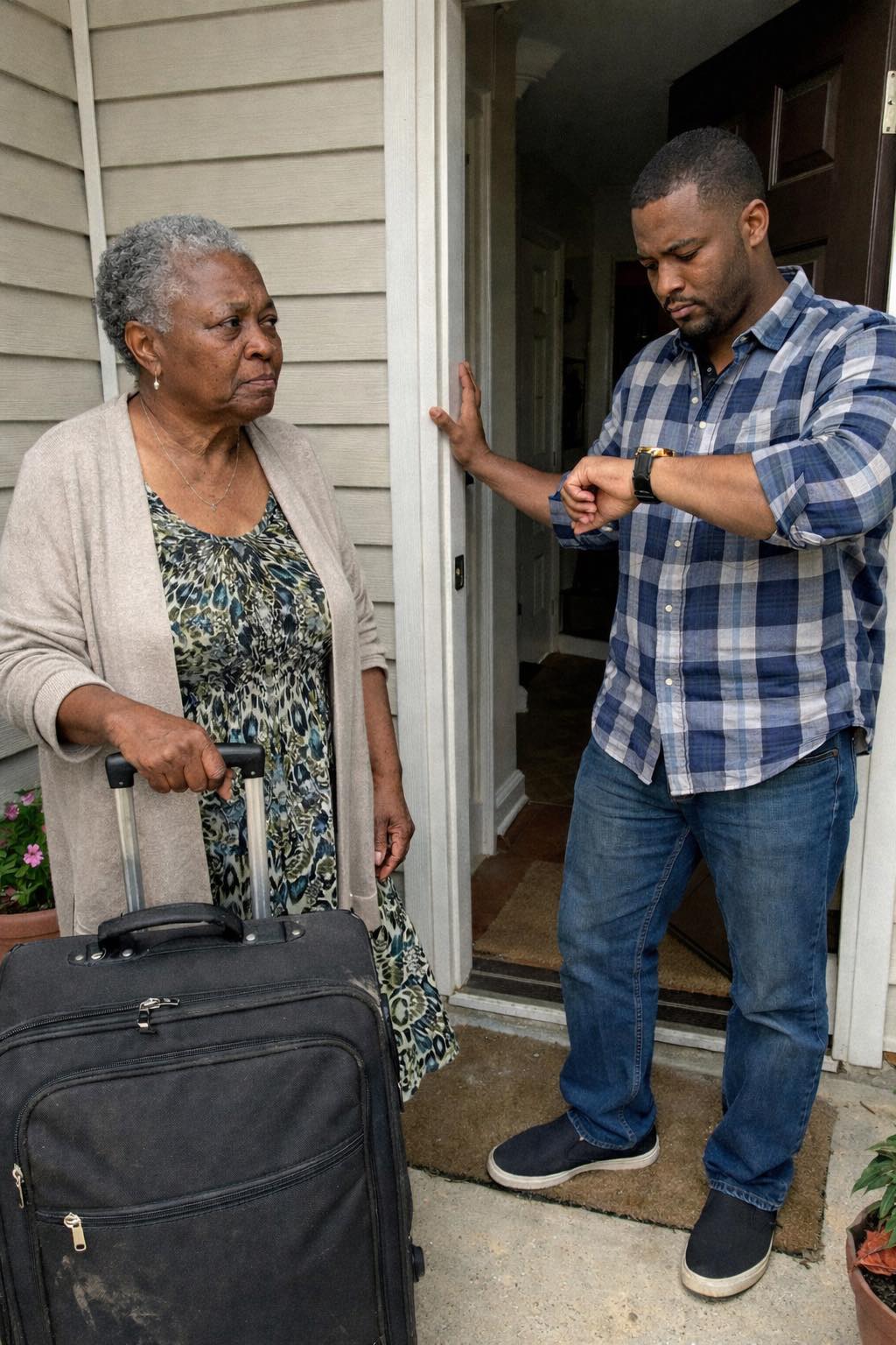 I Flew Across the Country to See My Son – He Looked at His Watch and Said, ‘You Are 15 Minutes Early, Just Wait Outside!’ I flew across the country with gifts in my suitcase and my best dress on, thinking I was finally going to have the family visit I’d been waiting months for. By the end of the first 15 minutes, I was sitting alone on a motel bed, wondering if I had just learned my place in my own son’s life.  My son left me on his porch for 15 minutes, and I almost went home without ever seeing the surprise he had planned.  I thought Nick was joking when he said, “Mom, you can come anytime.”  He’d been saying versions of that for years.  I booked the flight early.  “We should get you out here.”  “The kids ask about you.”  “We’ll plan something soon.”  But a month ago, he sounded serious.  “Pick a weekend,” he said. “We’ll make it work.”  So I did.  Then Nick opened the door.  I booked the flight early. I called twice to confirm the date. I packed carefully. I bought gifts for the kids—a rabbit for Emma, puzzle books and toy cars for the boys. I even bought a new dress. Blue. Simple. Nice enough to show I had made an effort.  I wanted to look like I belonged in my son’s house.  The Uber driver asked, “Big family visit?”