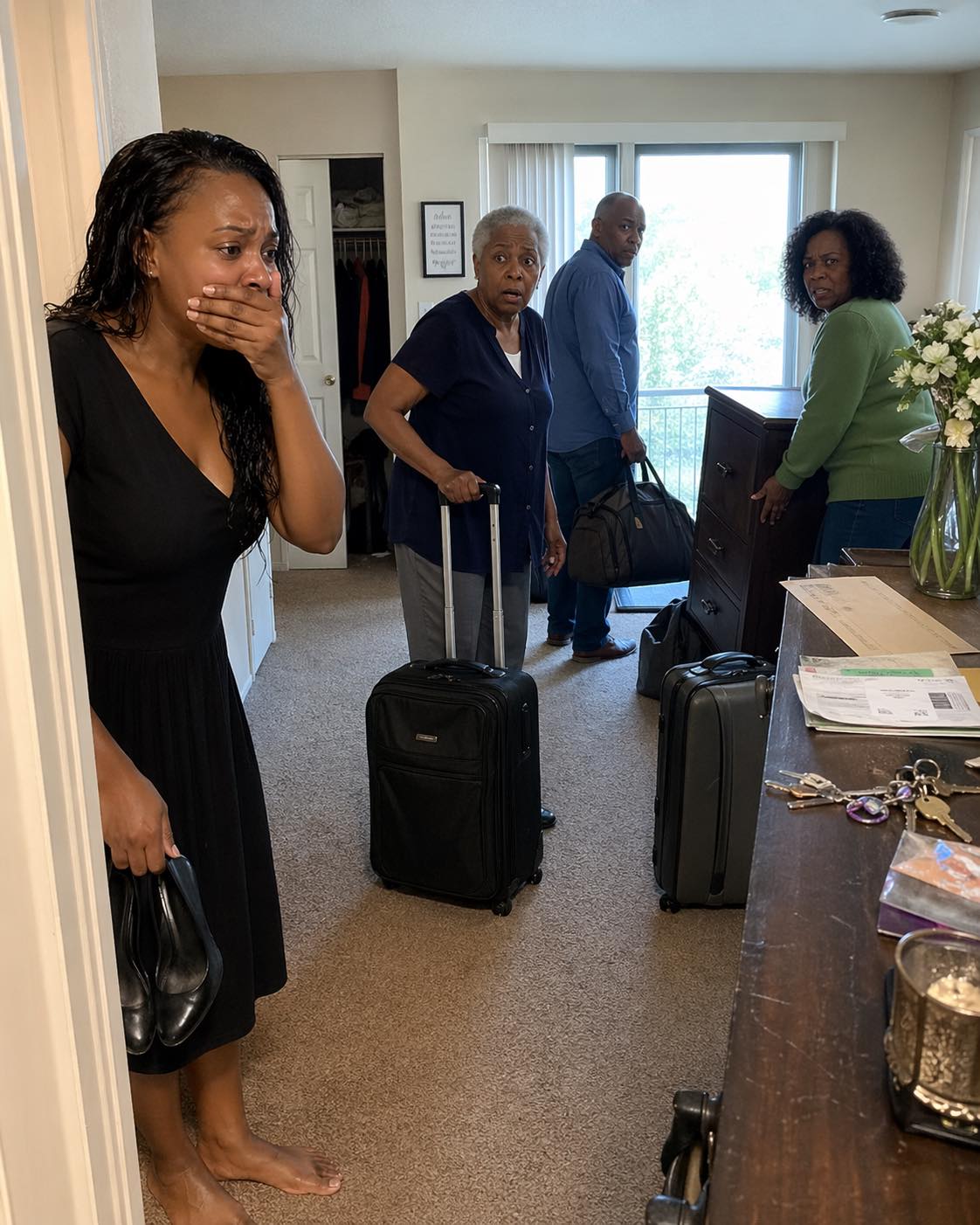 After my husband’s funeral, I returned home with my black dress still clinging to my skin. I opened the door… and found my mother-in-law and eight family members packing suitcases as if it were a hotel.
